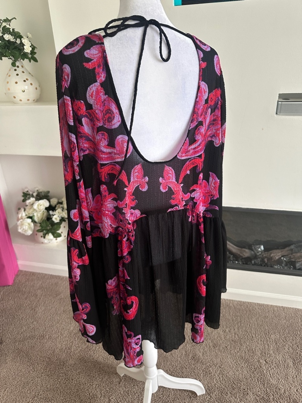 Intimately by free people Black Long-Sleeve Dress with Pink Floral Scroll Print - Picture 3 of 5